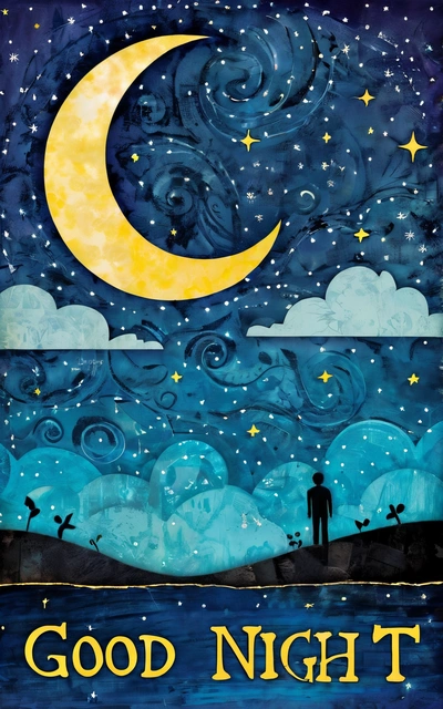 A painting of a man standing on a hill with a moon and stars above it, and the words good night written below it in gold, night sky, a storybook illustration, space art