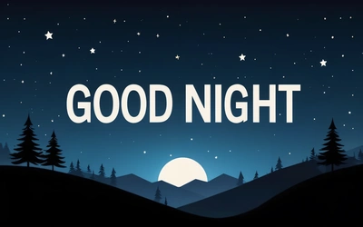 A night scene with the words good night in the middle of the image and trees in the background with a full moon and stars in the sky, night, computer graphics, dau-al-set