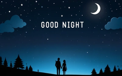 A couple standing in the moonlight under a full moon with the words good night written on it and stars in the sky above them,, night, a storybook illustration, romanticism