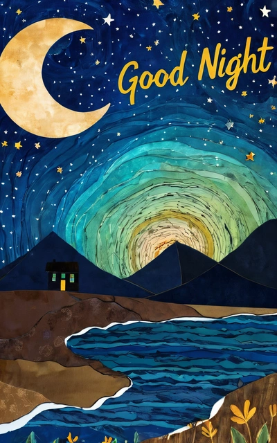 A painting of a night sky with stars and a moon over a body of water with a house on it and a full moon above it, book cover, poster art, folk art