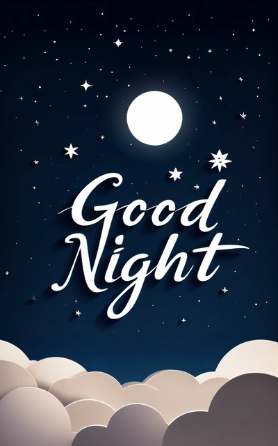 A night sky with stars and the words good night written in white on it, and a full moon above the clouds, with the words good night written in white, night, a poster, dau-al-set