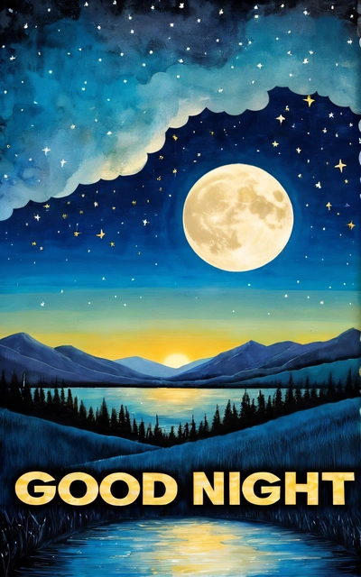 A painting of a night scene with a full moon and stars above a lake with a mountain range in the background and the words good night written below, night sky, a detailed painting, naive art