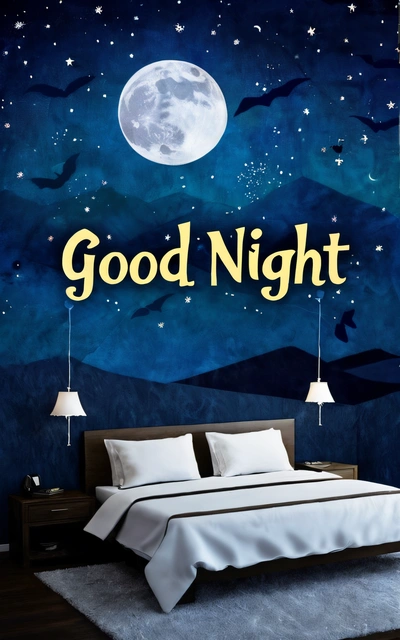 A bed sitting under a painting of a night sky with a full moon and stars above it and a good night sign above it on the bed, night, a poster, folk art