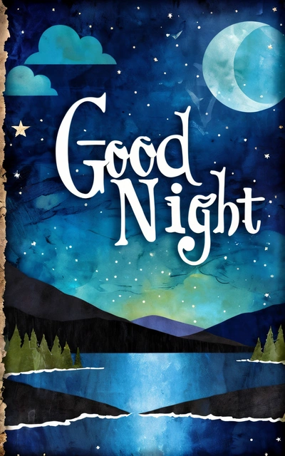 A poster with the words good night written on it and a lake in the background with a full moon and stars in the sky above, night, a storybook illustration, folk art