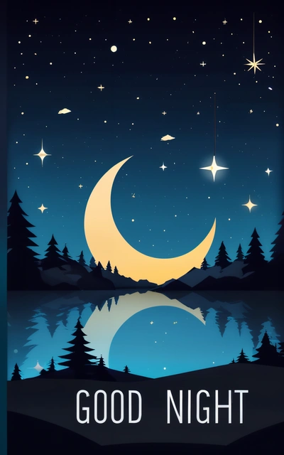 A night scene with a crescent and stars above a lake with a moon and stars in the sky above it is a night sky with stars and a reflection, night sky, vector art, space art