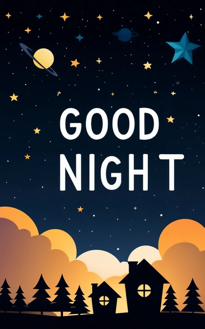 A night scene with the words good night written in white on a black background with a sky full of stars and a house with a moon, colorful flat surreal design, vector art, space art