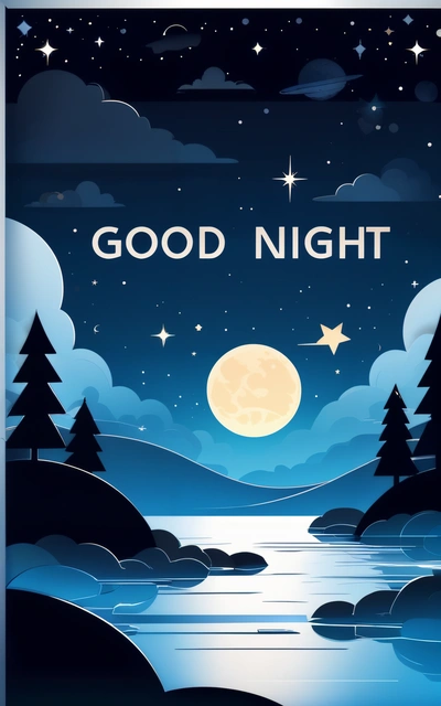 A poster with a night scene and stars on it that says good night with a full moon and stars in the sky above the water, smooth and clean vector curves, a digital rendering, dau-al-set