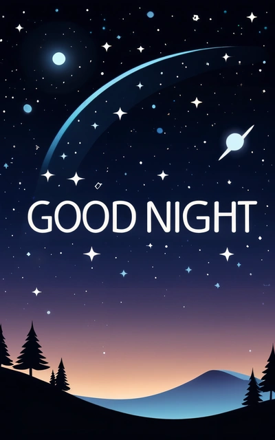A night scene with the words good night written in white on a blue background with stars and a distant sky with a shooting comet in the distance, night, vector art, space art