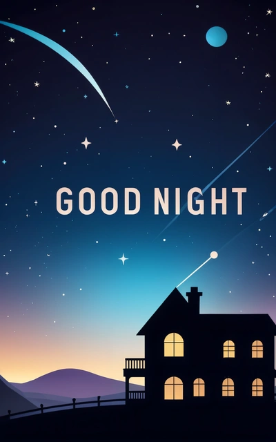 A poster with a house and stars in the sky with the words good night written on it in front of a night sky with stars, night, a digital rendering, space art
