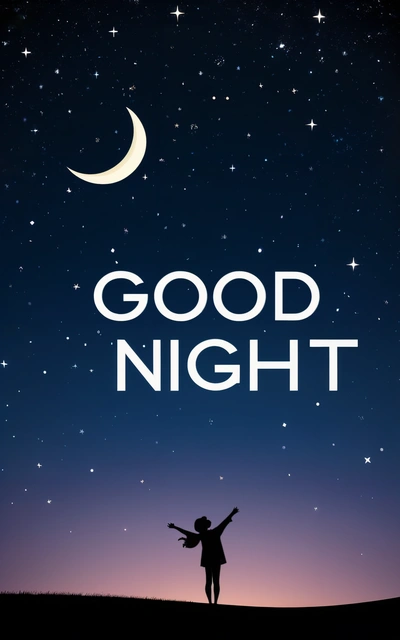 A person standing on a hill with their arms in the air and the words good night written on the sky above them in white letters, night, a poster, dau-al-set