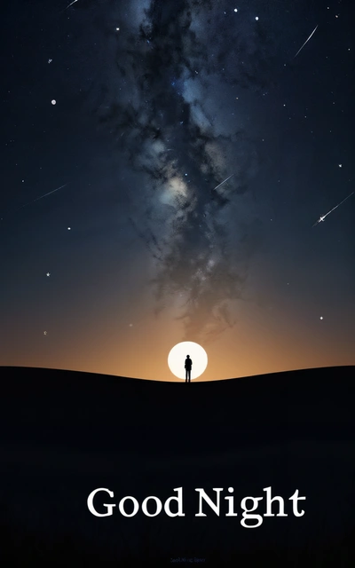 A man standing on a hill under a night sky with stars and the words good night written below it in white lettering on a black background, astrophotography, an ultrafine detailed painting, space art
