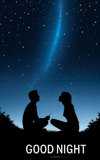 A couple sitting on the ground looking at the stars in the sky with the words good night written below them on a blue background with a black outline, stars, a storybook illustration, romanticism