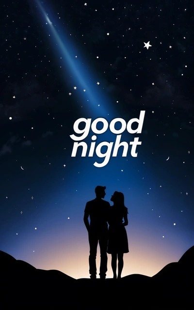 A couple standing under a star filled sky with the words good night written on it in white letters on a blue background with stars and a bright blue sky, movie poster, poster art, space art