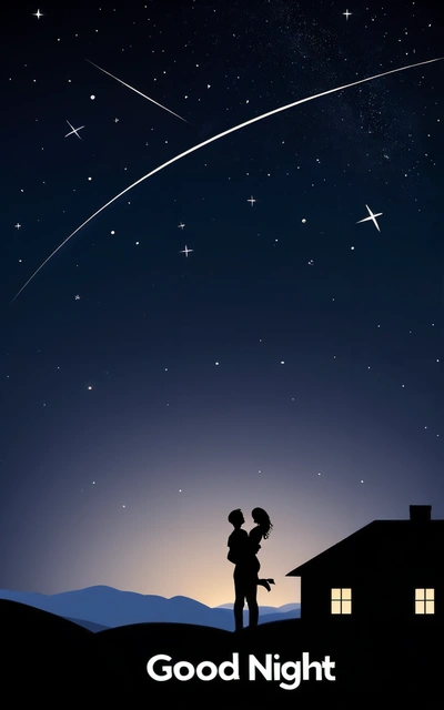 A couple is kissing under a shooting star in the night sky with the words good night written below it and a silhouette of a house, stars, a storybook illustration, space art