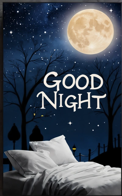 A poster with a full moon and a night sky with stars and trees and a full moon in the background with the words good night written in white, night, a digital rendering, international typographic style