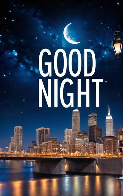 A poster of a city with a crescent moon and the words good night on it in white lettering on a blue background with a night sky and stars, night, a digital rendering, international typographic style