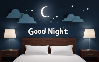 A bed with a night sky and stars above it with the words good night above it on the wall above it is a night sky with clouds and a crescent, night, a digital rendering, dau-al-set