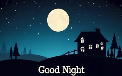 A night scene with a house and trees with the words good night written below it and a full moon in the sky above it with a dark blue background, night, a digital rendering, dau-al-set