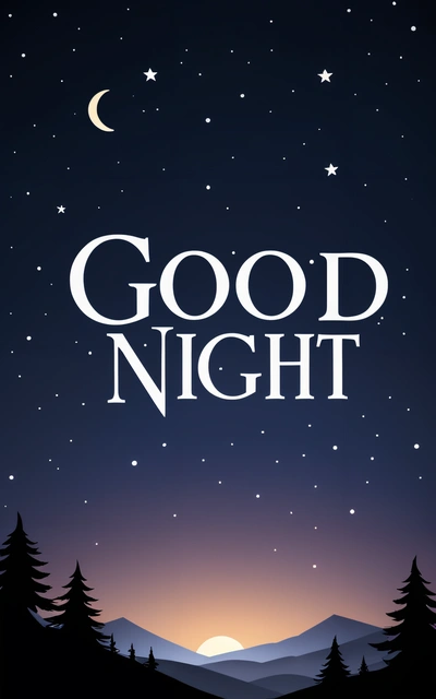 A night scene with the words good night written in white on a dark background with trees and a moon in the sky with stars and a crescent, night, vector art, dau-al-set