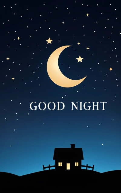A night scene with a house and a crescent with the words good night written on it and stars in the sky above it, and a night sky with a, night, a digital rendering, dau-al-set