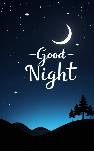 A night scene with the words good night written in white on a dark blue background with trees and a crescent moon in the sky above, night, vector art, dau-al-set