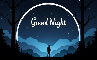 A man standing in the middle of a forest at night with the words good night in the background and a full moon in the sky, smooth and clean vector curves, vector art, dau-al-set