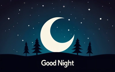 A night scene with a crescent and trees in the foreground and the words good night written in the middle of the image with stars and the moon, night, a digital rendering, dau-al-set