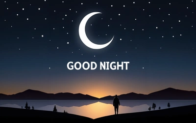 A man standing on a hill looking at the moon and stars above him with the words good night written on it in the sky above the water, night, vector art, dau-al-set