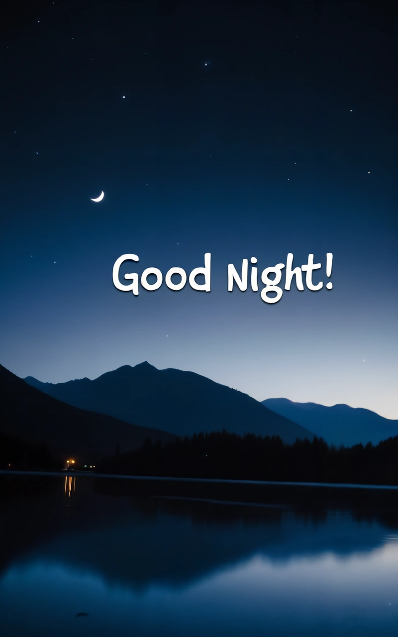 A night scene with a lake and mountains with the words good night written in the middle of the image and a crescent moon in the sky, night, a picture, dau-al-set