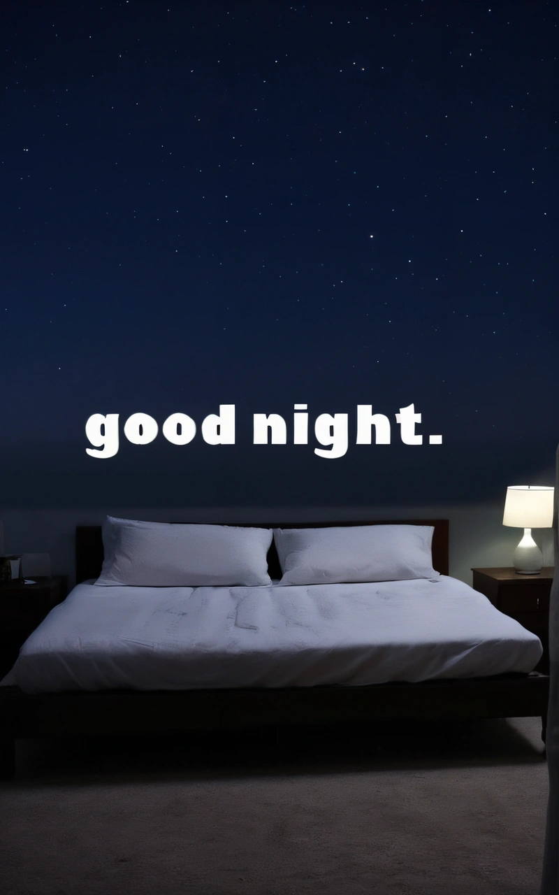 A bed with a night sky background and a good night message above it that reads, good night, on a bed with a night sky background, night, a poster, dau-al-set