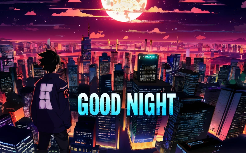 A man standing in front of a city at night with the words good night written on it in front of a full moon and a cityscape background, official art, poster art, space art