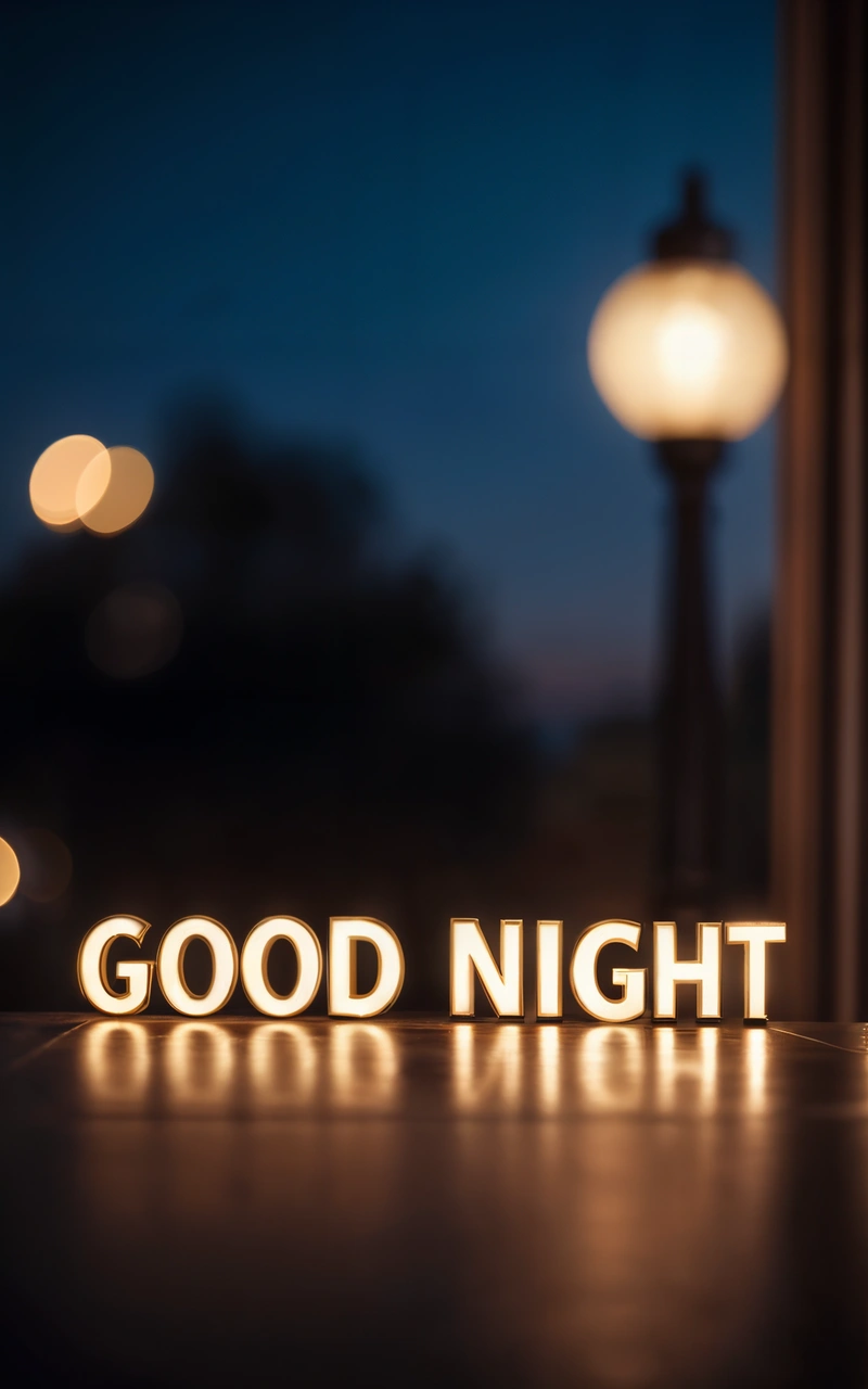 A night time picture of a street light and a good night sign on the ground with lights in the background and a street lamp in the foreground, night, a 3d render, dau-al-set