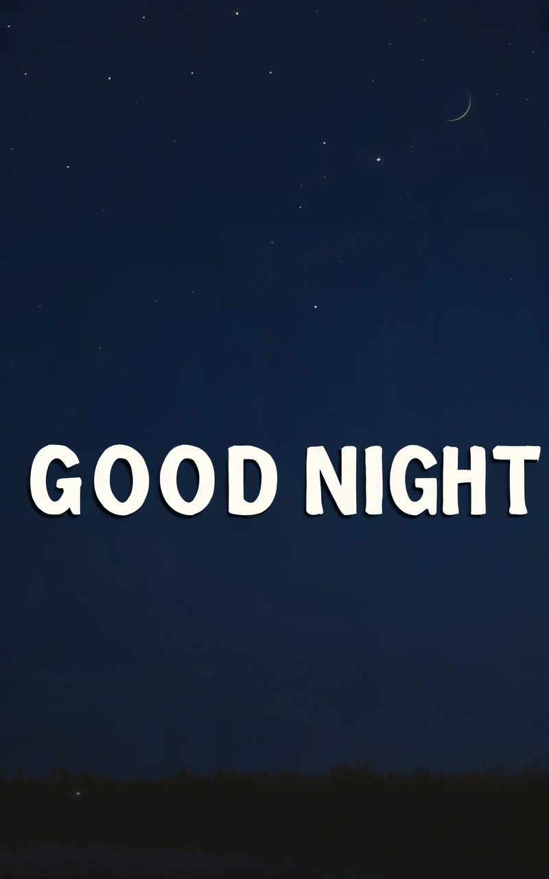 A night sky with the words good night written in white on it and a full moon in the distance with a few stars in the sky, night, computer graphics, video art