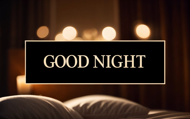 A bed with a black sign that says good night on it and a lit candle in the background with a window behind it and a curtain, night, a digital rendering, dau-al-set