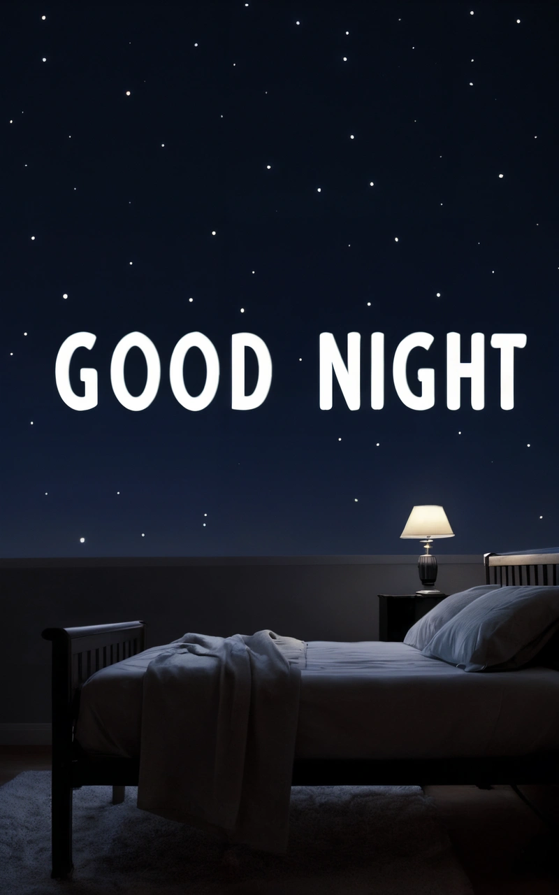 A bed with a night sky background and a good night message above it that reads,'good night'in white letters on a dark night sky with stars, night, a cross stitch, dau-al-set