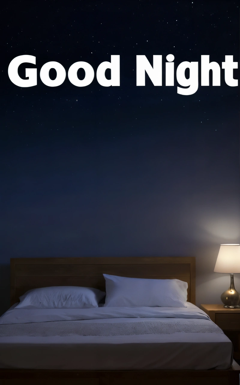 A bed with a night sky background and a good night message above it on a wall above it is a night sky with stars and a lamp, book cover, a poster, dau-al-set