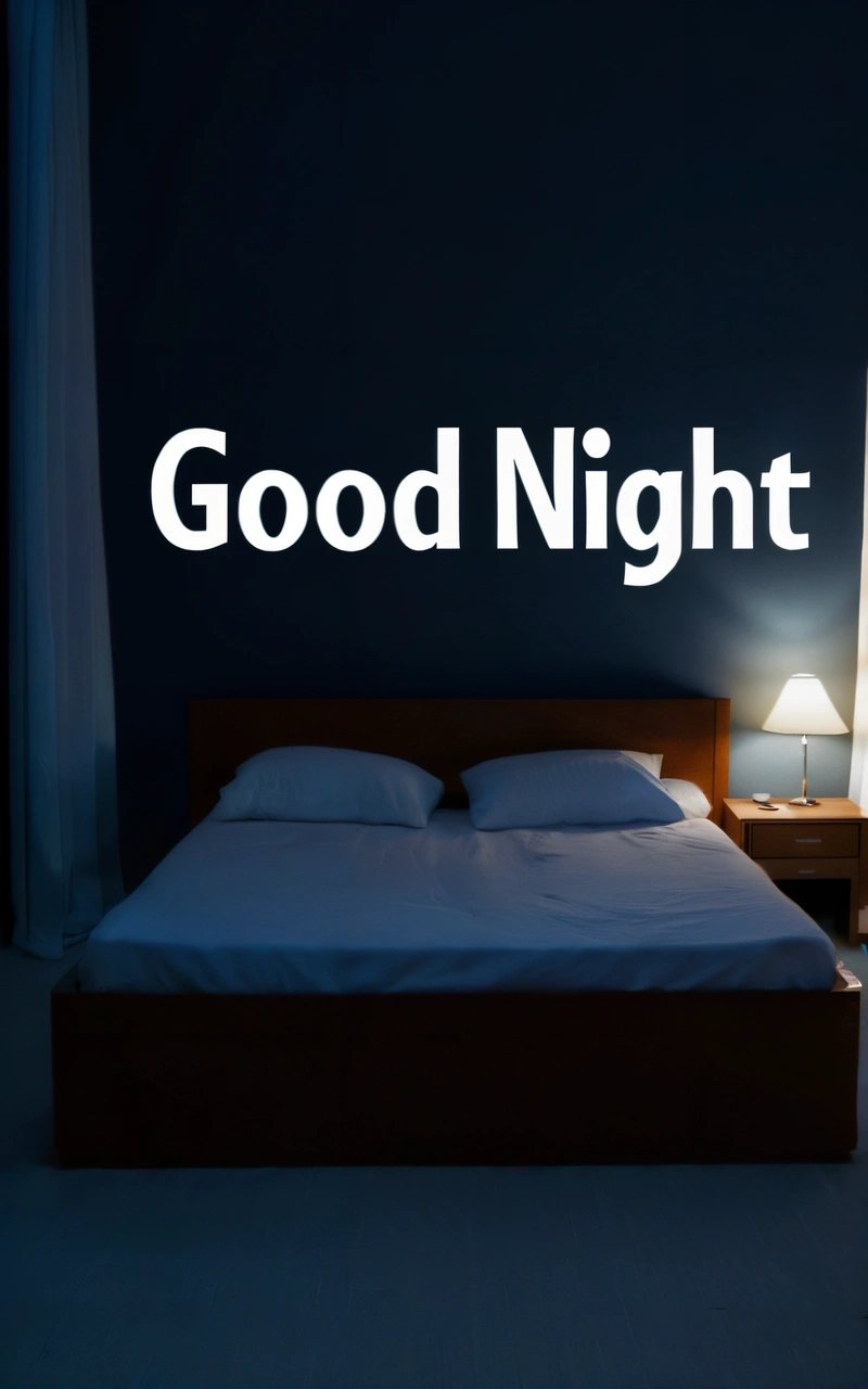 A bed with a night stand and a lamp on it in a room with a good night sign on the wall above it that says,, night, a digital rendering, dau-al-set
