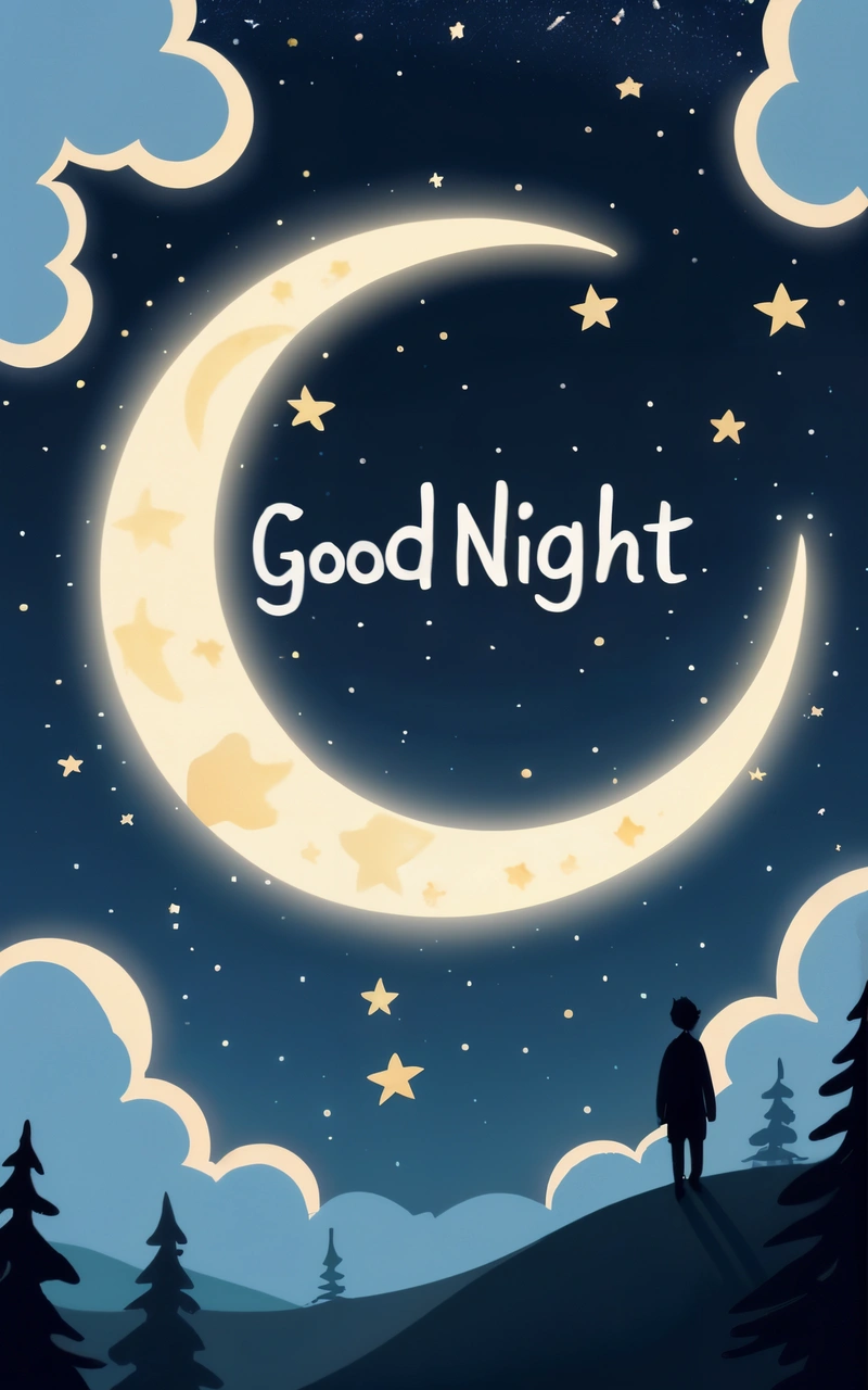 A man standing on a hill looking at the stars and the moon in the sky with the words good night written on it in the middle, night, a storybook illustration, dau-al-set