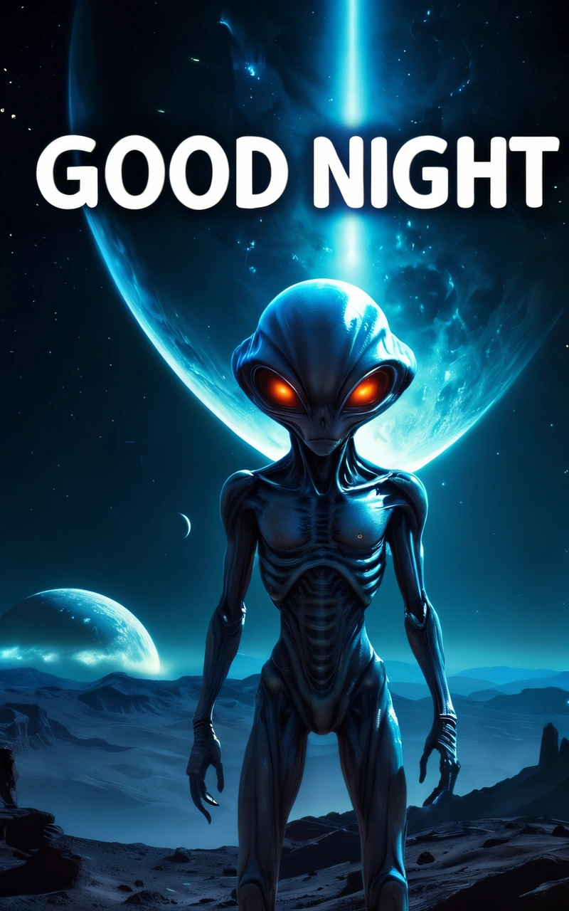 A poster of an alien standing in front of a moon and a planet with the words good night on it in a dark blue sky, sci fi, poster art, space art