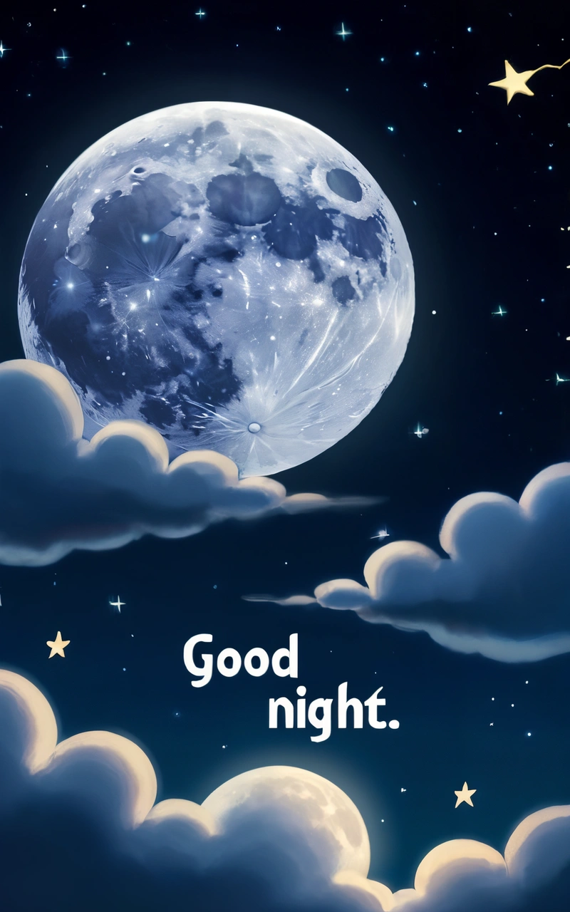 A full moon with a message good night on it's side and stars in the sky above it, and a cloud in the foreground, moon, a screenshot, space art