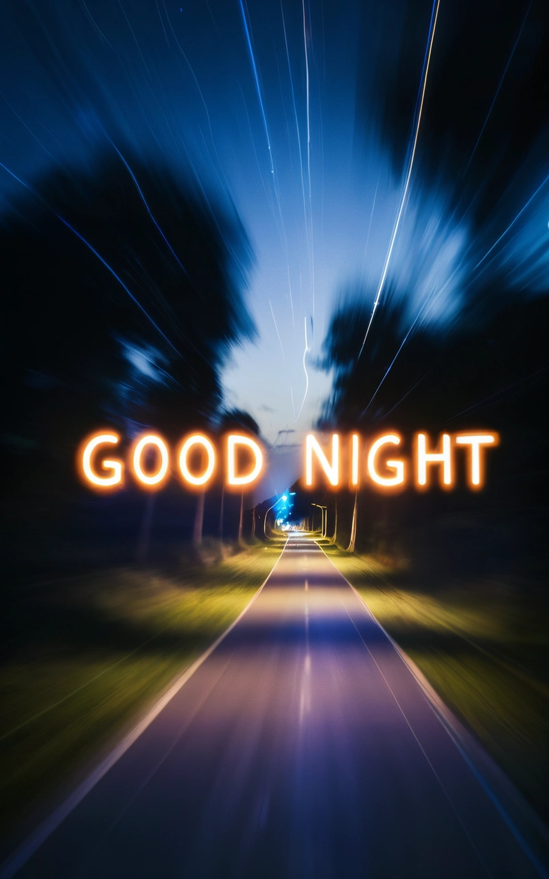 A blurry photo of a road with the words good night on it and a street light in the background with the words good night on it, night, a digital rendering, dau-al-set