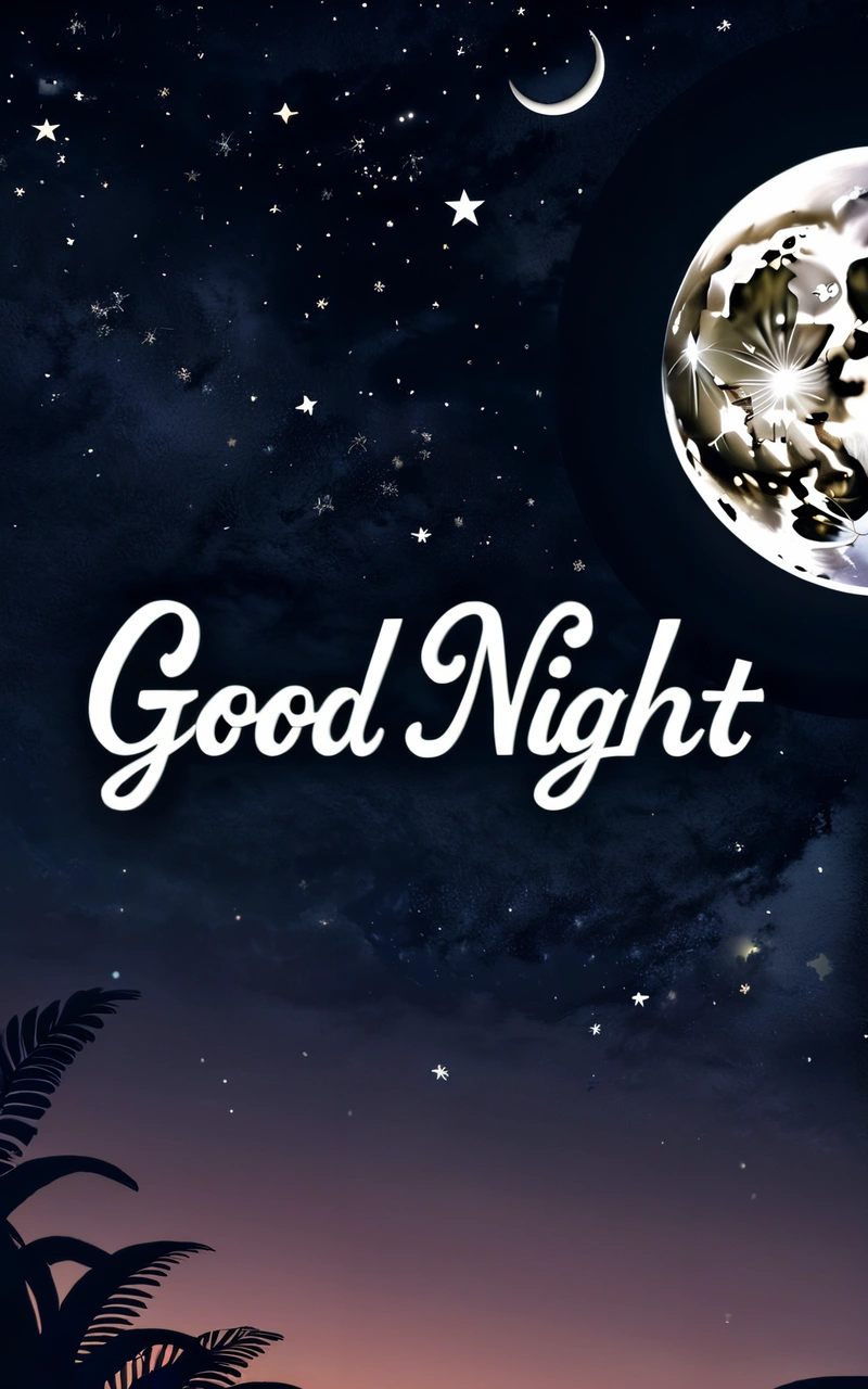 A night scene with a full moon and stars and a full moon with the words good night written in white on the bottom of the image, night, a digital rendering, international typographic style