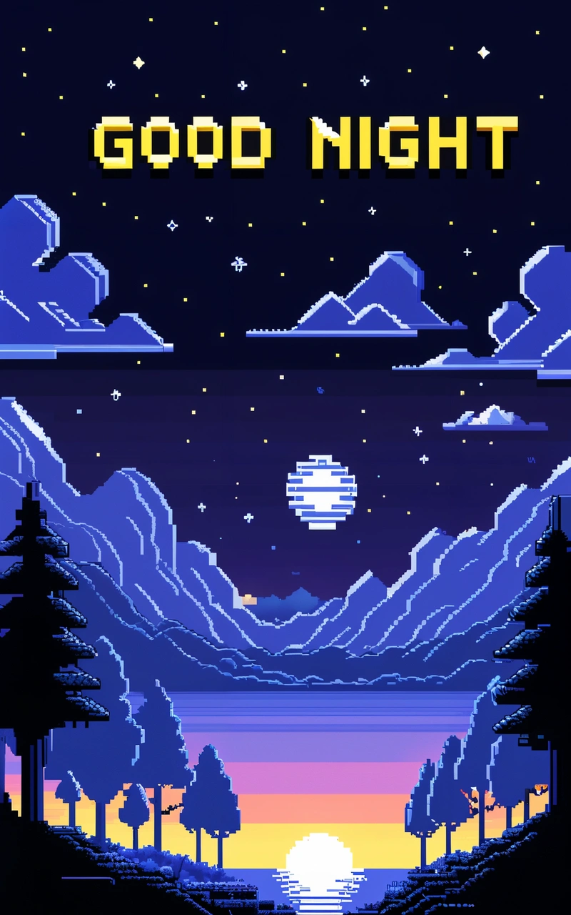 A pixel art scene with trees and mountains in the background, and a sunset in the foreground, with the words good night written in the upper right corner, night sky, pixel art, pixel art