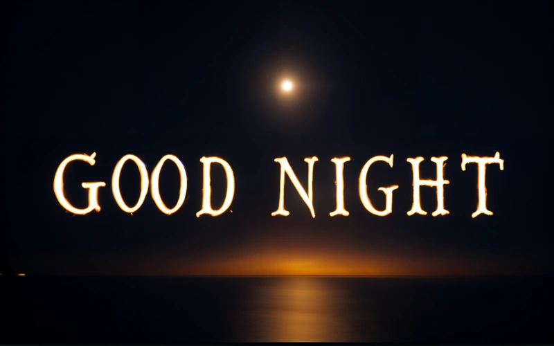 A sign that says good night in the dark sky above the water at night time with a full moon in the background and a bright light reflecting off of the water, night, a digital rendering, video art