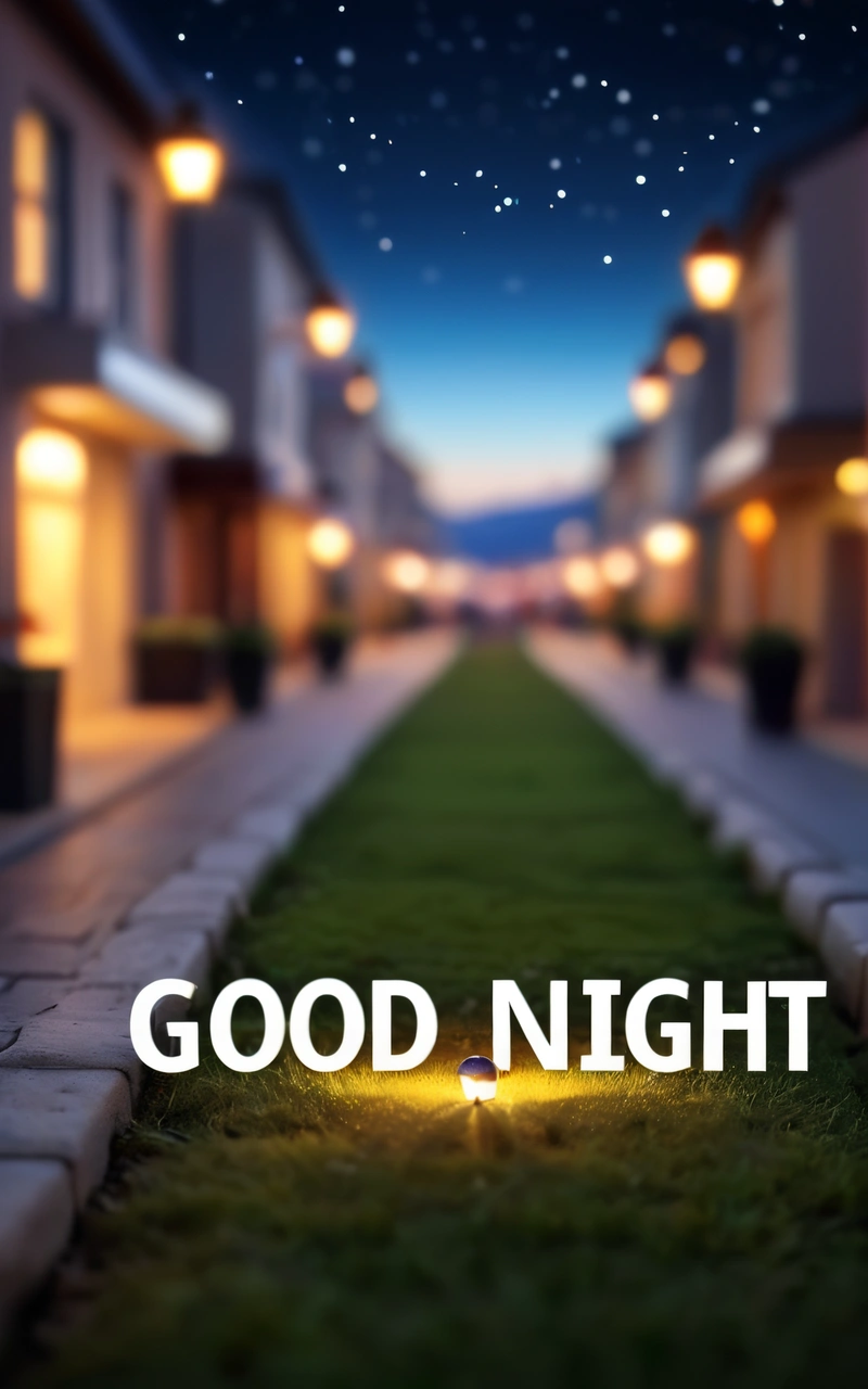 A picture of a street with a good night message on it and a lawn in the foreground with a street light in the background, night, a digital rendering, dau-al-set