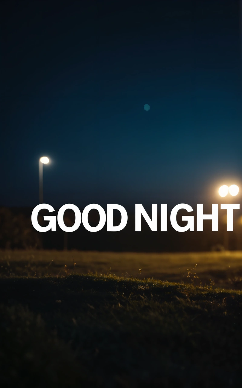 A night time picture of a field with a street light and the words good night written in white on it in front of a dark sky, night, a 3d render, dau-al-set