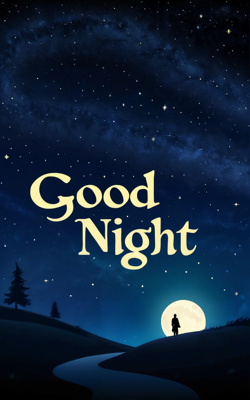 A poster with the words good night written on it and a person standing in the distance in the background of a night sky with stars and a full moon, night, poster art, folk art