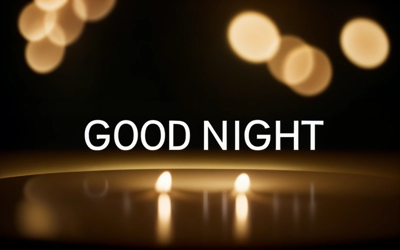 A candle with the words good night on it and boke of lights in the background with the word good night written across the image, night, a 3d render, video art