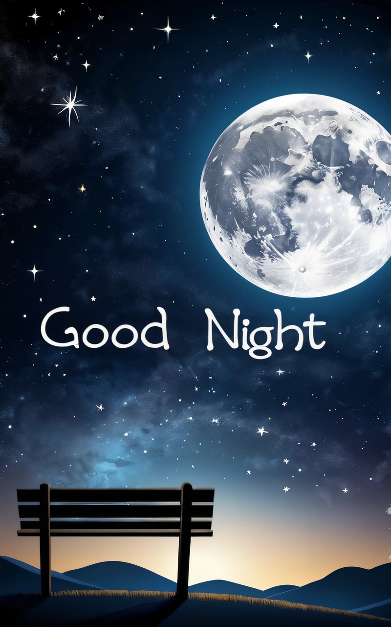 A bench sitting in front of a night sky with a full moon in the background and the words good night written on it in white, night, a poster, dau-al-set