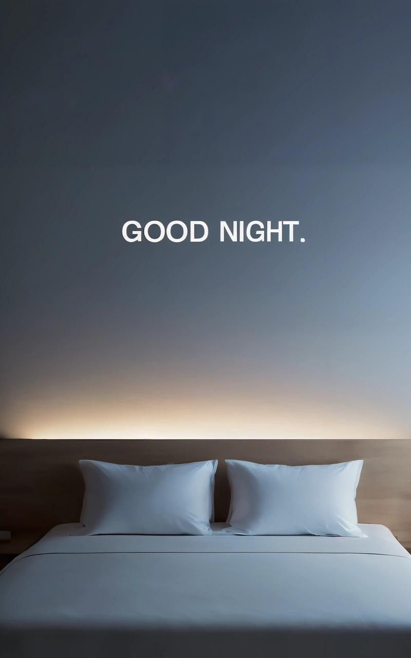 A bed with a white comforter and pillows with a good night message above it on a wall above it is a bed with a white comforter and pillows, night, a minimalist painting, minimalism